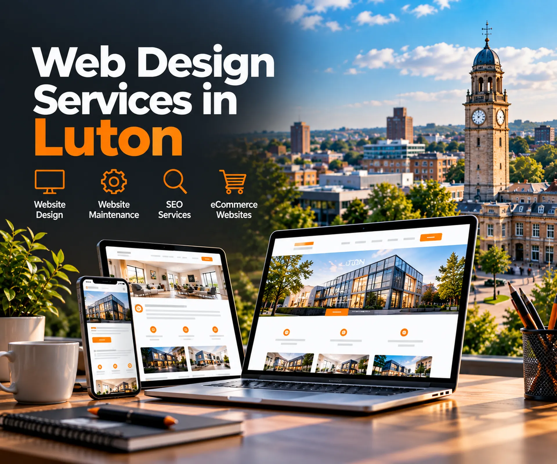 Web design services in Luton featuring responsive website design, maintenance, SEO and eCommerce services